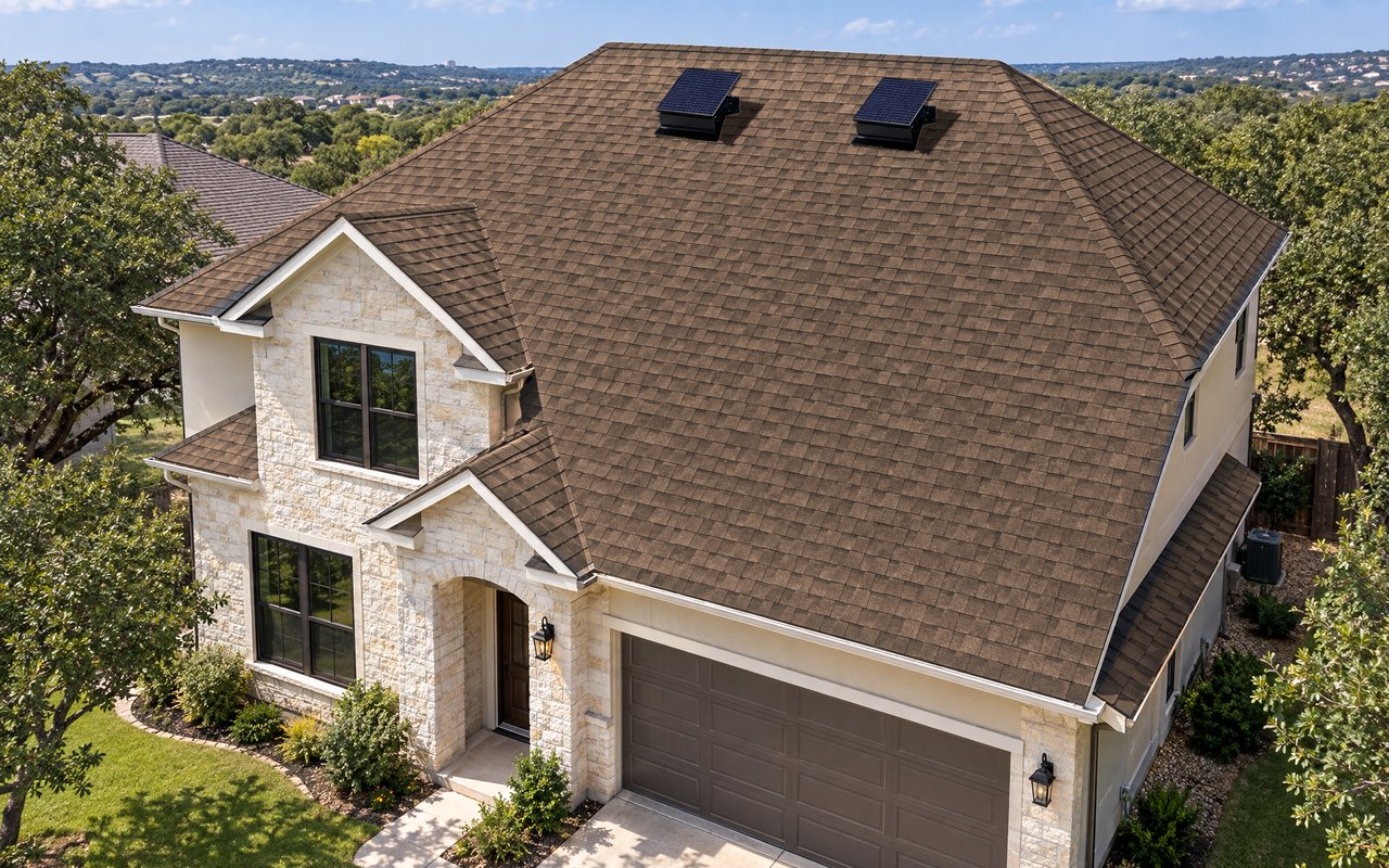 After: the same roof with deeper, more even shingle color (illustration)