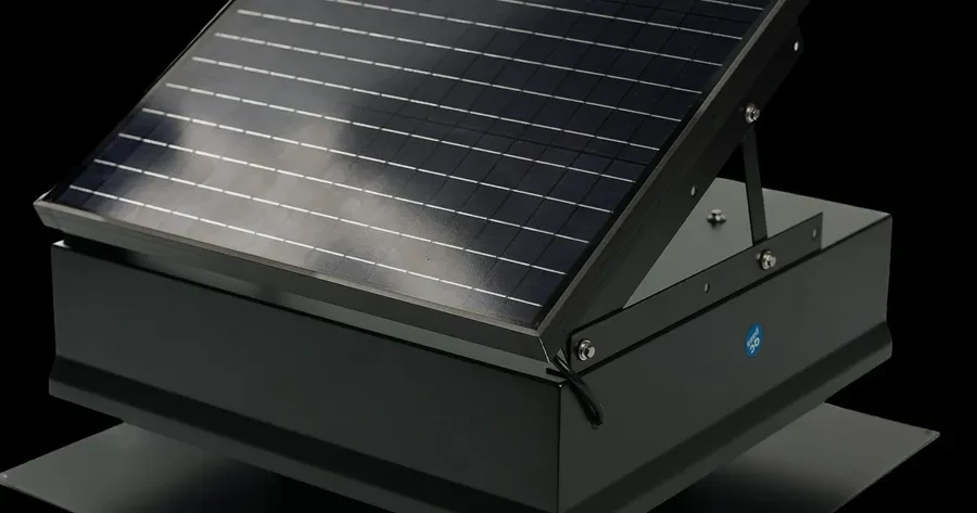 30W roof-mount solar attic fan with adjustable black solar panel on a low-profile black housing
