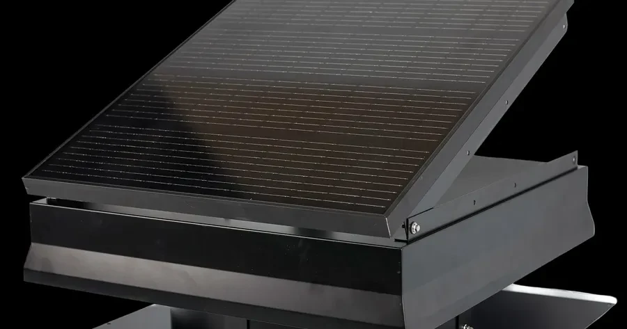 70W solar attic fan with large adjustable black solar panel on a black roof-mount housing
