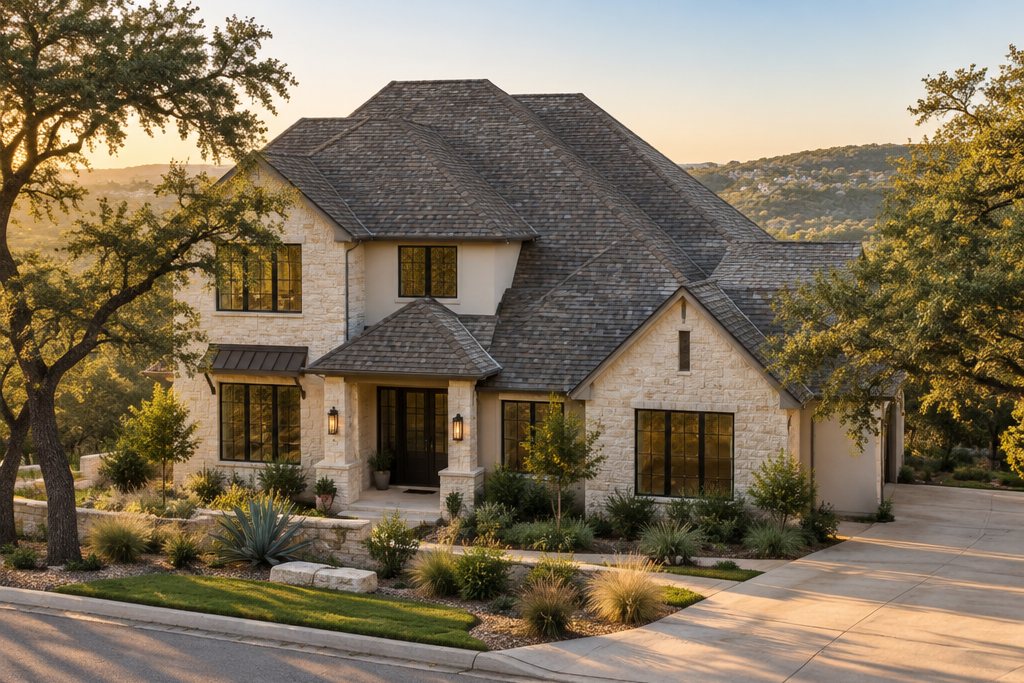 Illustration of an upscale two-story limestone and stucco Hill Country home with a large asphalt shingle roof, live oaks and golden-hour light